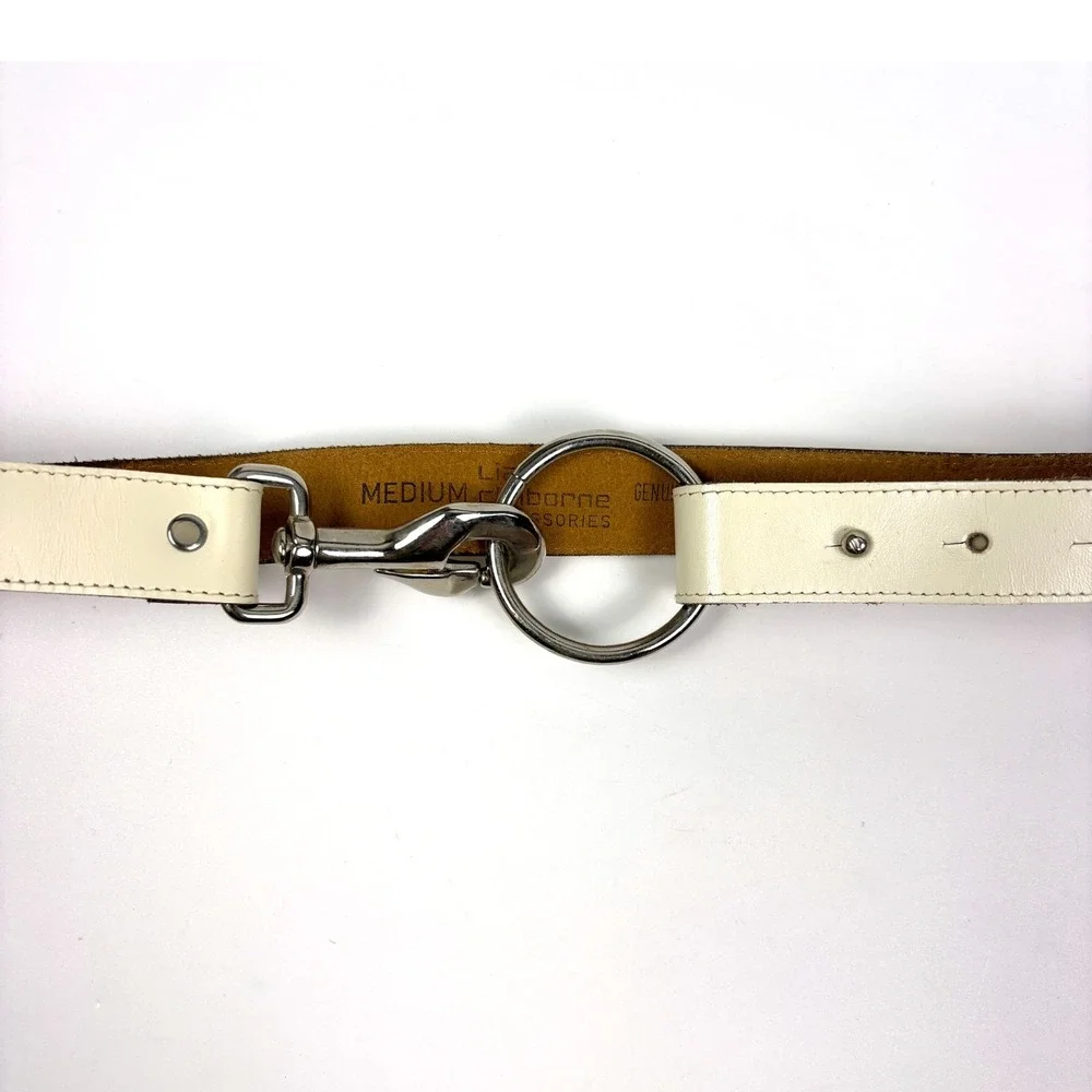 VTG 80s Liz Claiborne Waxed Saddle‎ Leather Belt Womens Sz M White Silver Swivel